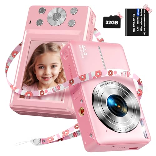 Digitalkamera mit 32G Micro SD-Karte, 1080P Kinderkamera 44MP HD Fotokamera Kompaktkamera mit 2,4" LCD Bildschirm 16X Digitalzoom und 1 Batterie für Kinder, Studenten, Anfänger-Rosa