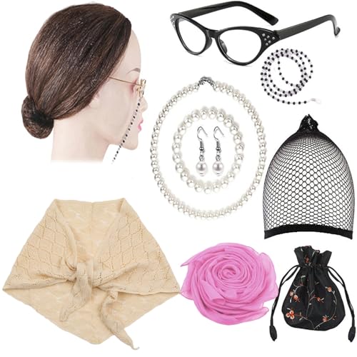 Meiliyizu Cosplay-Kostüm-Set für alte Dame, Oma, Perücke, Brille, Halskette, Schal, Kostümzubehör für Halloween, Maskerade, Party-Requisiten