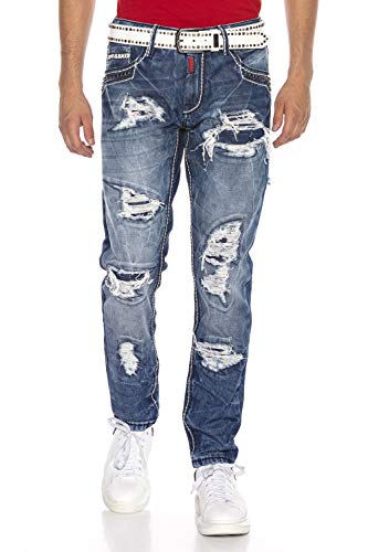 Cipo & Baxx Herren Destroyed Jeans Hose Denim Regular Fit Jeanshose Straight Nieten Bikerhose CD644 BlauW32 L32