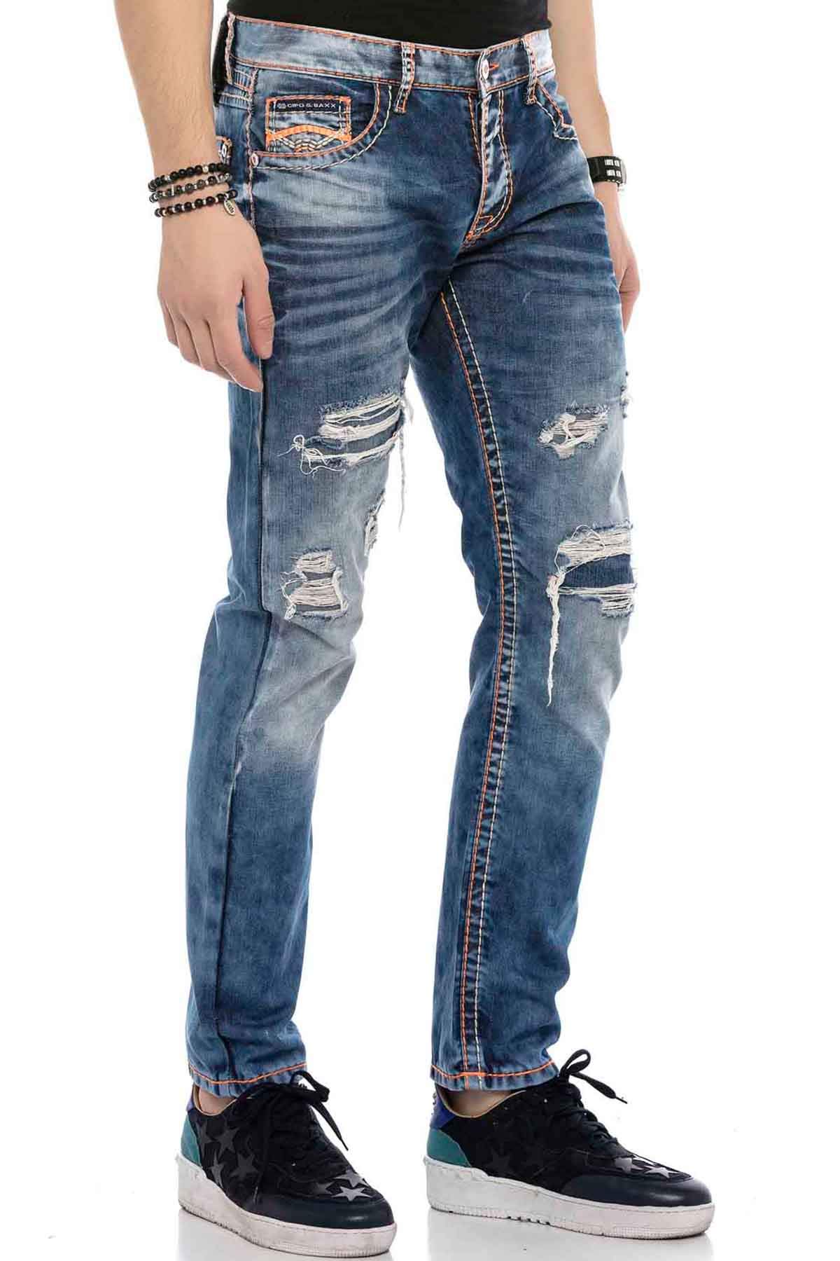 Cipo & Baxx Herren Jeans CD604 Destroyed Look mit dicken Ziernähten, L32, W32