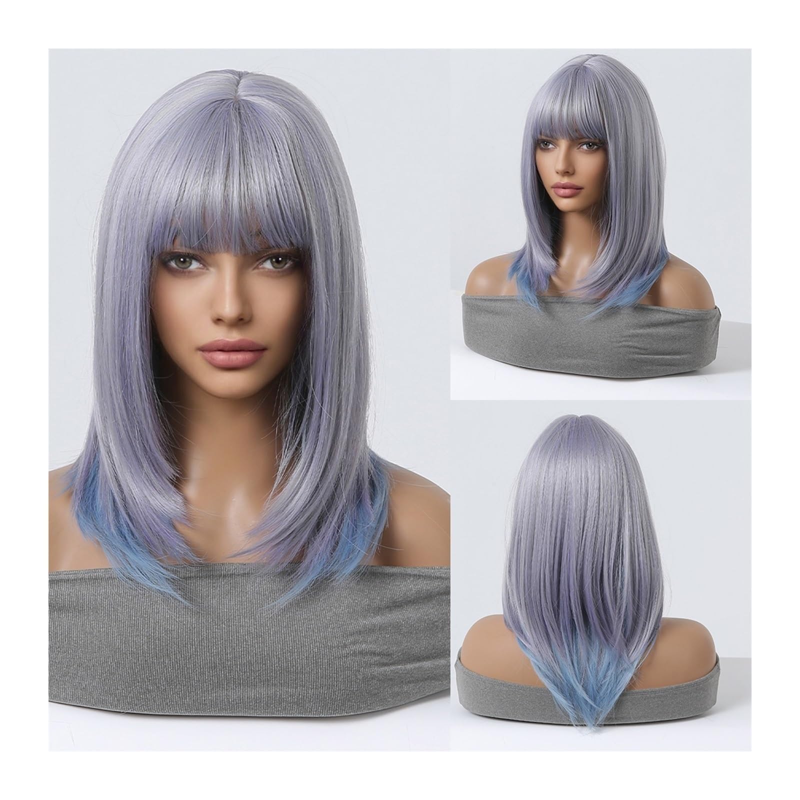 Perücken 14 Zoll/35 cm Lila Blau Ombre Cosplay Synthetische Perücken Kurzer Bob Gerade Lolita Halloween Haarperücke mit Pony for Frauen Hitzebeständig Damenperücke