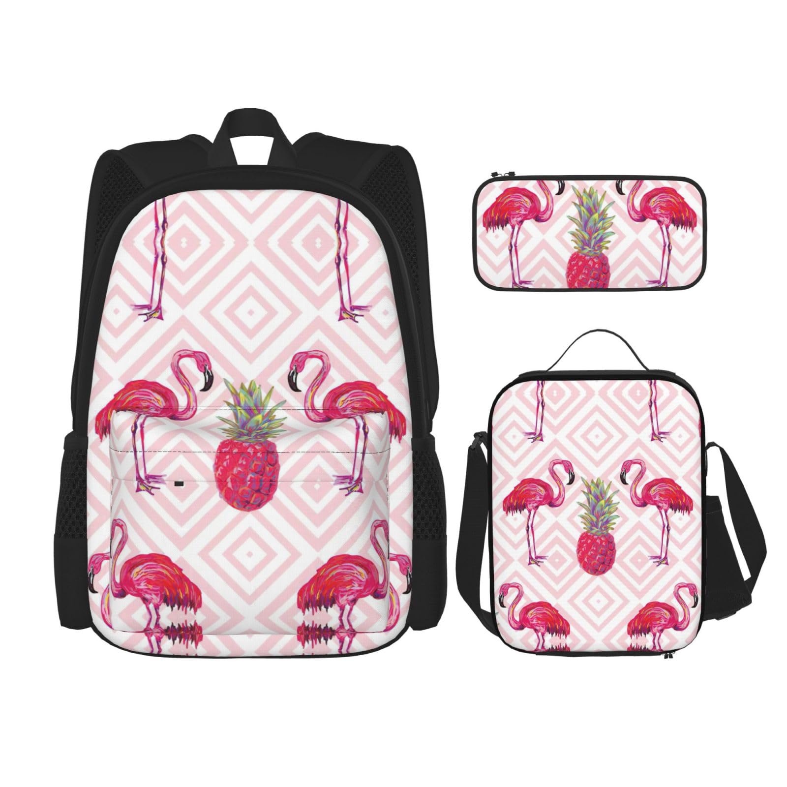 WURTON Pinker Flamingo-Ananas-Druck, verstellbare Schultergurte, Rucksack-Set, Lunchtasche, Federmäppchen, Kombinationstaschen-Set