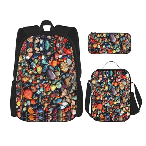 WURTON Color Stones Hippie-Print Schulrucksack 3-in-1 Büchertasche Set mit Lunchbox, Federmäppchen Reise Laptop Tagesrucksack