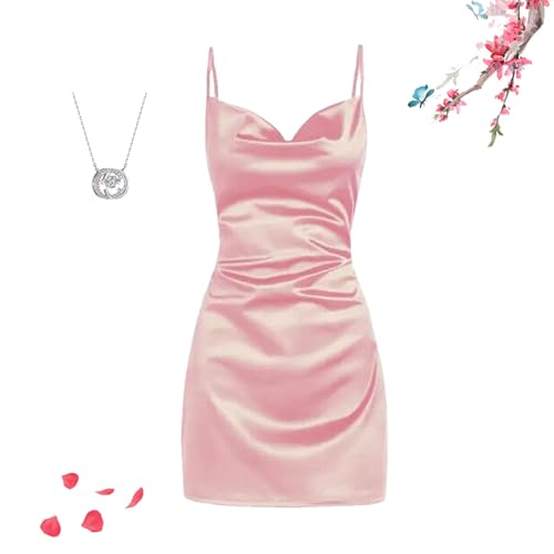 WINDEHAO Lässiges Satin-Minikleid für Damen, sexy, ärmellos, Spaghettiträger, drapiert, offener Rücken, seidiges Satin-Minikleid (Rosa, XS)