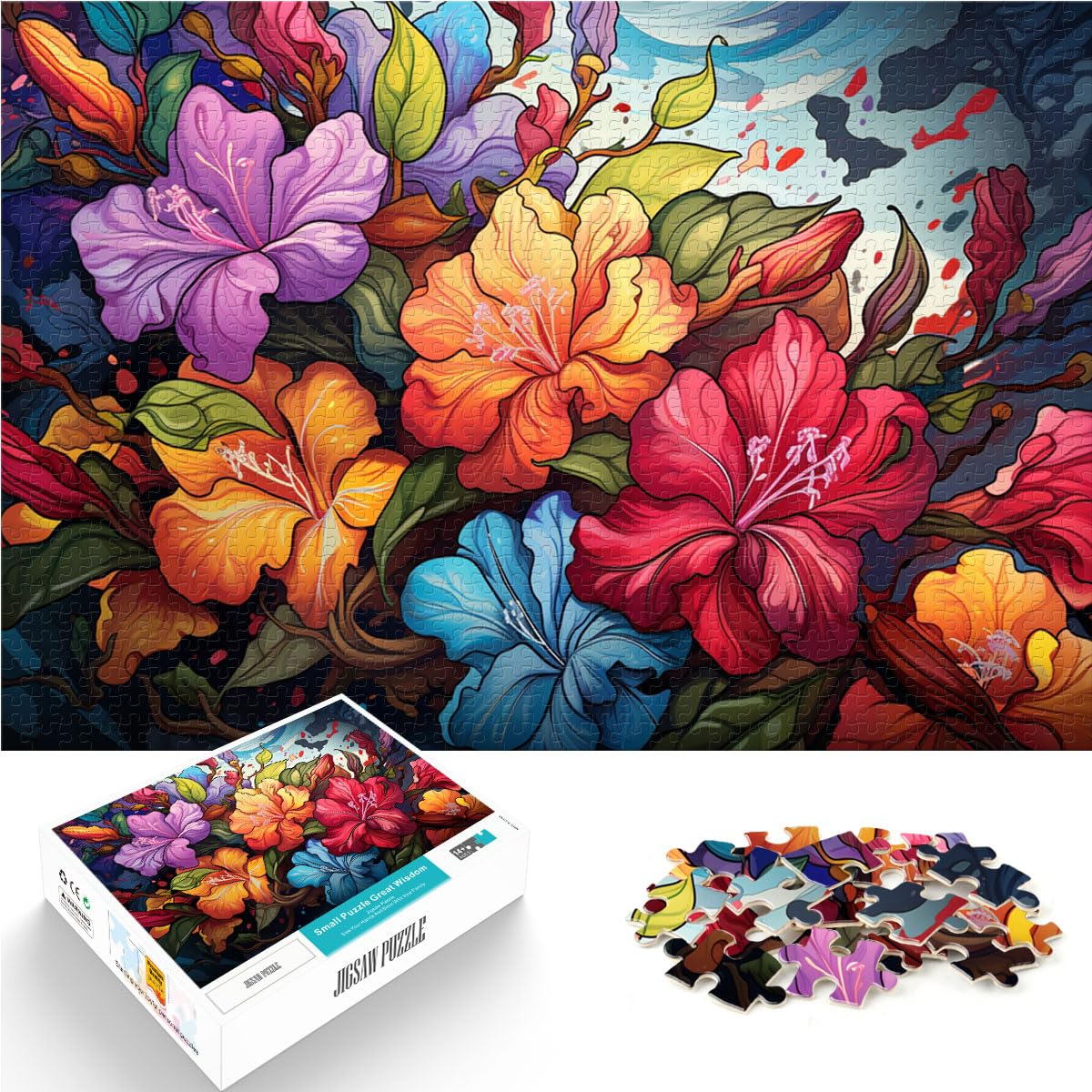 Puzzle für psychedelische Bunte Blumen. Puzzle für Erwachsene mit 1000 Teilen aus Holz. Anspruchsvolles, schwieriges Puzzle. 1000 Teile (50 x 75 cm).