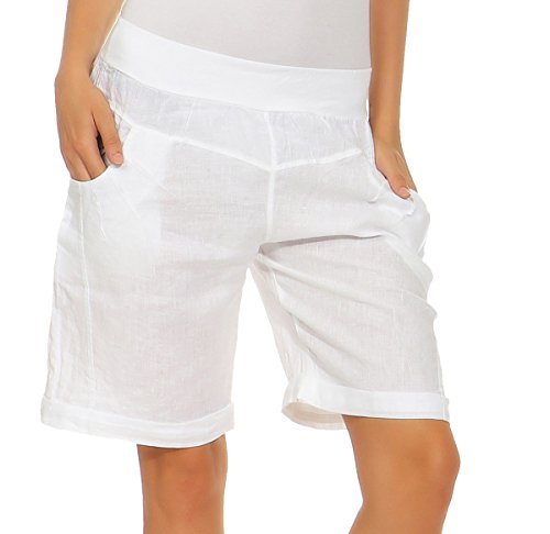 Mississhop 276 Damen Leinenshorts Bermuda lockere Kurze Hose Freizeithose 100% Leinen Shorts Elegante Haremshose mit Knöpfen Sommer Strand Weiß M