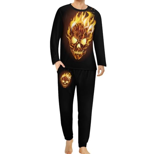 HABXNJF Herren Rundhals Pyjama Set, Totenkopf mit Flamme Schlafanzug für Männer, Herren Pyjama mit Taschen, Totenkopf mit Flamme, XXXL