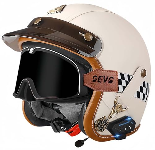 Bluetooth-Helme, Vintage-Motorradhelme, ECE/DOT-Geprüft, Offener Vintage-Helm Für Männer Und Frauen Mit Schutzbrille, Offener Gesichts-Mopedhelm, Verstellbar G,M54-56CM