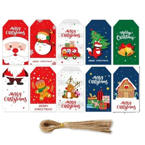 50 100 Stück 7 x 4 cm Weihnachtsanhänger aus bedrucktem Papier, Geschenkanhänger, Karte, Weihnachtsbaumdekoration, handgefertigte DIY-Basteletiketten, Frohe Weihnachtsdekoration, Stil E-50 Stück