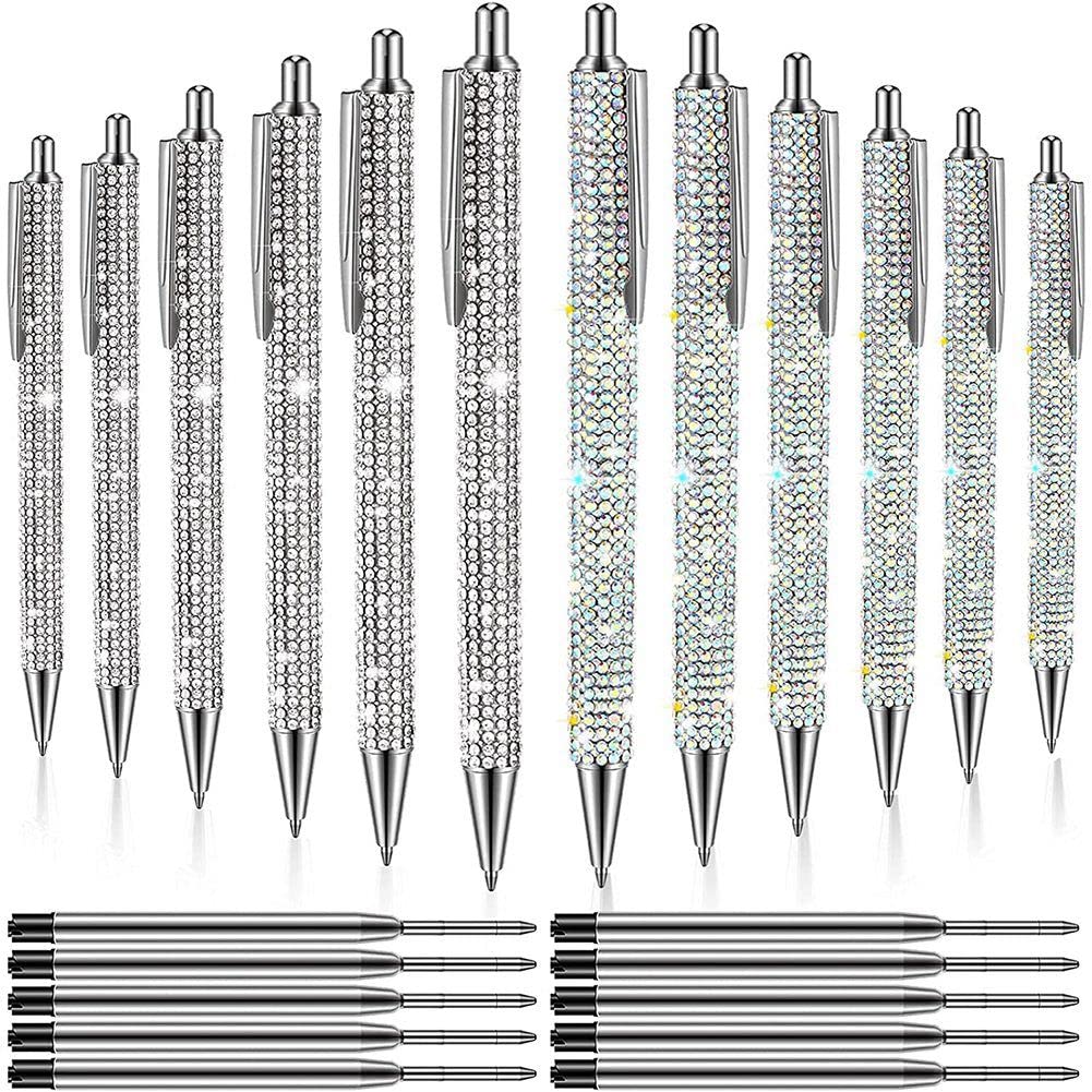 Kiudduy 12 StüCk Bling Pen Bulk Metall Kugelschreiber Diamantstift Crystal Press Einziehbare Schwarze Tinte 0,7 Mm Kugelschreiber 2 Farben