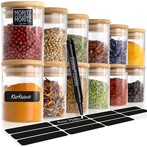 Moritz & Moritz 12 Gewürzgläser Set je 125ml - Gewürzdosen Glas inkl. Tafelsticker & Kreidestift – Luftdichte Gewürzgläser mit Bambusdeckel für Gewürze, Kräuter & Tee