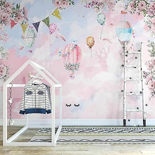 XLMING Hand Gemalt Rosa Wolken Heißluftballon Kinderzimmer Rosa Prinzessin Stil 3D Tapete Home Dekoration Wohnzimmer Sofa Schlafzimmer Tv Hintergrund Wand-400cm×280cm