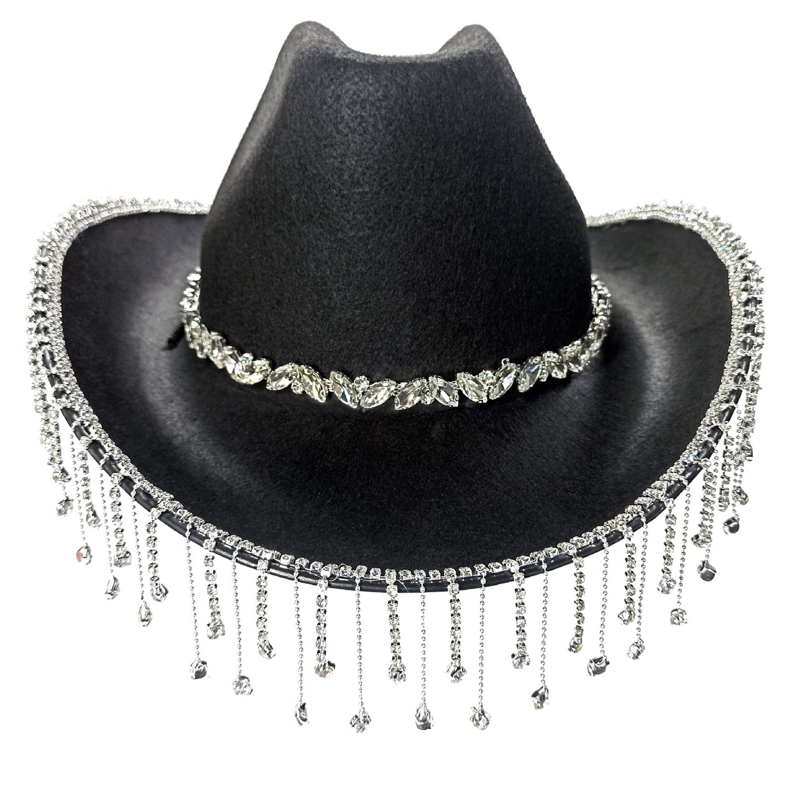 HDKEAN Cowgirl-Hut, Strass-Fransen, Glitzer-Hüte für Halloween, Verkleidung, Cosplay, Party, Kostüm, Zubehör, schwarzer Cowboyhut mit Strasssteinen, Cowboyhut, Strass, Fransen, Cowgirl-Hut, Kostüm für