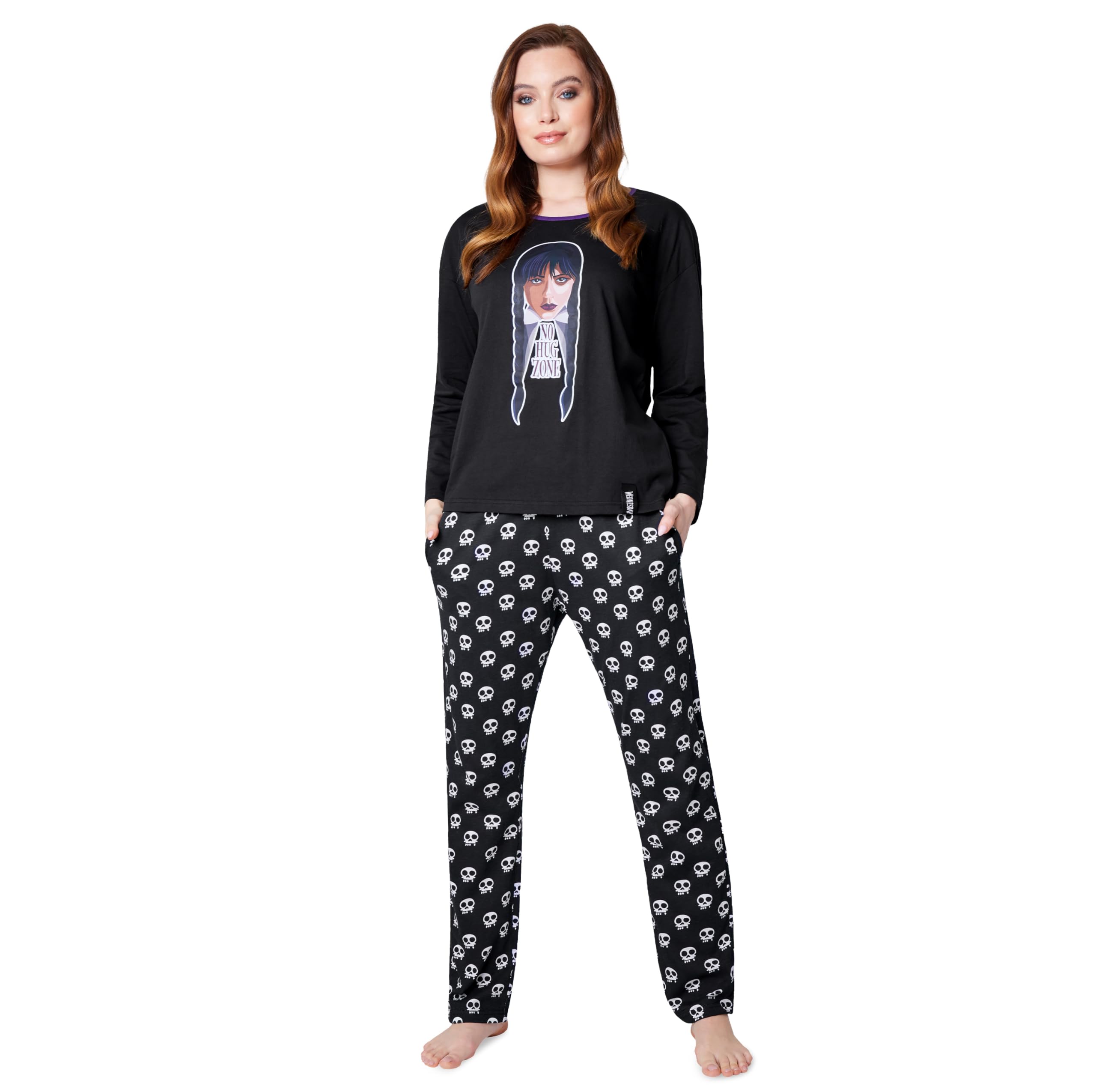 Wednesday Schlafanzug Damen Lang Baumwolle Pyjama Damen und Teenager Lounge Set Damen S - XL - Geschenke für Frauen (Schwarz Wednesday, M)