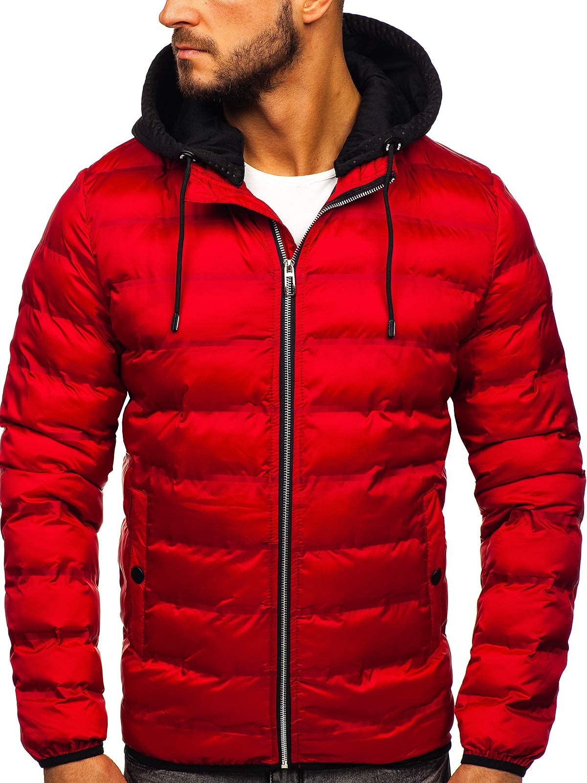 BOLF Herren Übergangsjacke Kapuze Steppjacke Daunenjacke Sportjacke Freizeitjacke Hoodie Reißverschluss Street Style Nature 5332 Rot XXL [4D4]