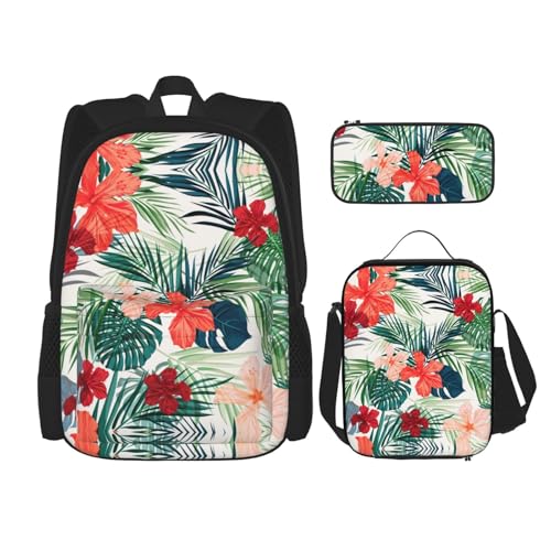 WURTON 3-in-1 Büchertaschen-Set, Motiv: Vegetationsblätter mit Hibiskusblüten, verstellbarer Schulter-Rucksack, Lunch-Tasche, Federmäppchen, Beutel