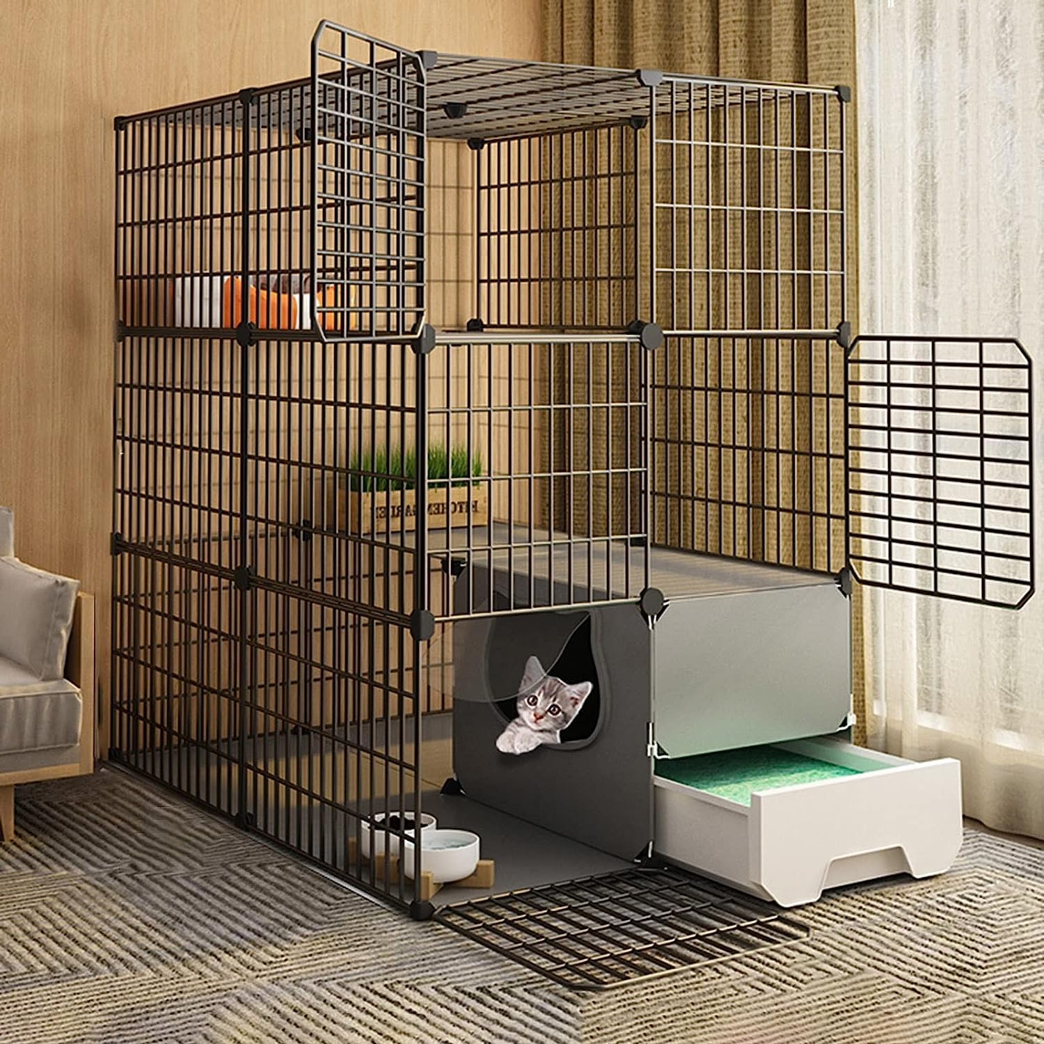 Laufställe für Kleintiere, Katzenkäfig, Katzenlaufstall – Katzenkäfig, DIY-Laufstall für Haustiere mit Tür und geschlossener Katzentoilette, multifunktionales Katzenhaus (Größe: 75 x 95 x 109 cm,