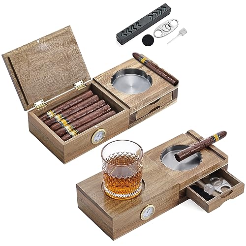 Joyoldelf Zigarren-Humidor aus Massivholz, Zigarren-Set, Aschenbecher, 5-in-1 Zigarren-Humidor-Box mit Weinhalter, Zedernzigarren-Humidor, Metall-Aschenbecher, Zuhause, Zigarrengeschenke für Männer