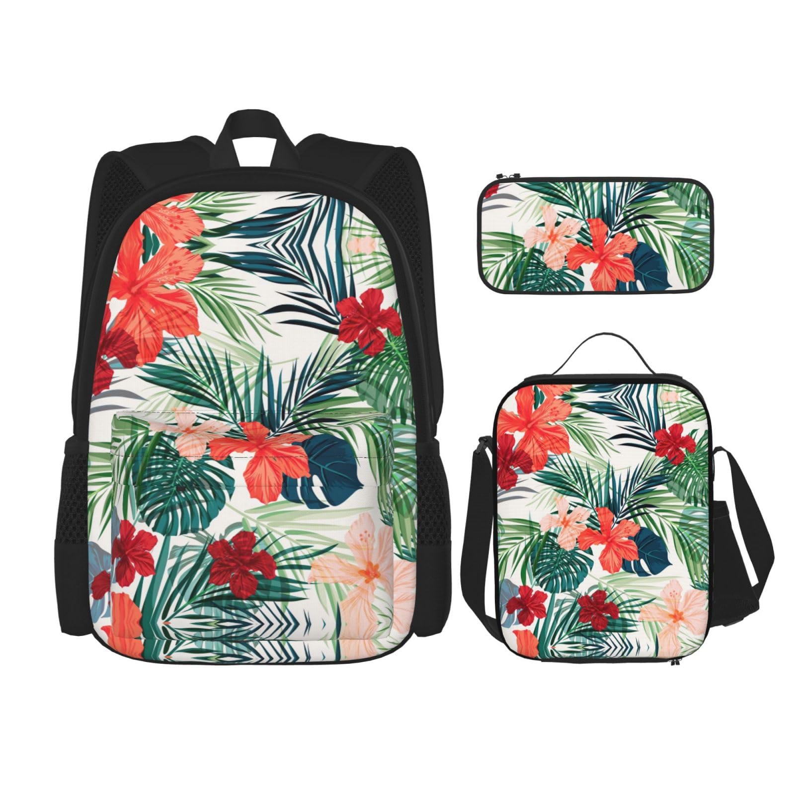 WURTON 3-in-1-Set mit Vegetationsblättern und Hibiskusblumen-Druck, lässig, verstellbar, Schulter-Rucksack, Lunch-Tasche, Federmäppchen, Beutel