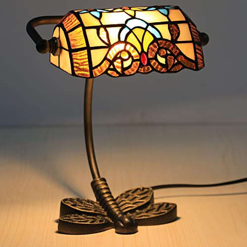 Uziqueif Libelle Bankerlampe, Tiffany Style Tischlampe, Schreibtischlampe Vintage Bankers Lamp, Lampenschirm Glas, Metall Basis, Tischleuchte FüR BüRo, Nachttischlampe