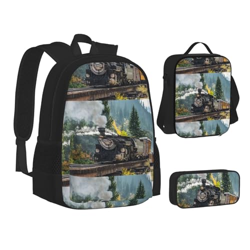 WURTON Teen Rucksack mit Dampfzug-Druck, 3-in-1 (Federmäppchen + Schultasche + Lunchtasche)