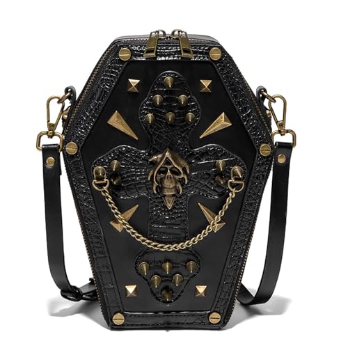 Vintage inspirierte Umhängetasche mit Totenkopf-Druck, PU-Leder, Schultertasche, Umhängetasche, Geldbörse, Halloween, für jeden Anlass, Farbreferenzbild: