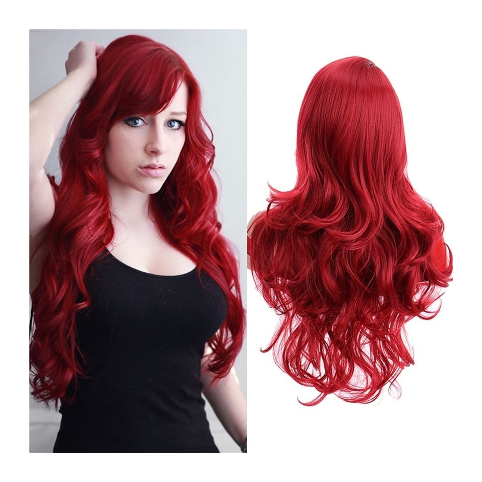 Perücke für Frauen Lange lockige gewellte rote Perücke for Frauen Körperwelle Seitenscheitel Pony Perücke weiche hitzebeständige Kunsthaarperücke for tägliche Party Cosplay Halloween Human Hair Wig