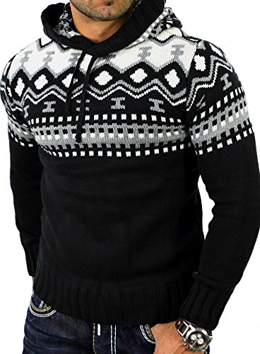 Reslad Herren Grobstrick Pullover Norweger Winter Kapuzenpullover RS-3013 Schwarz M