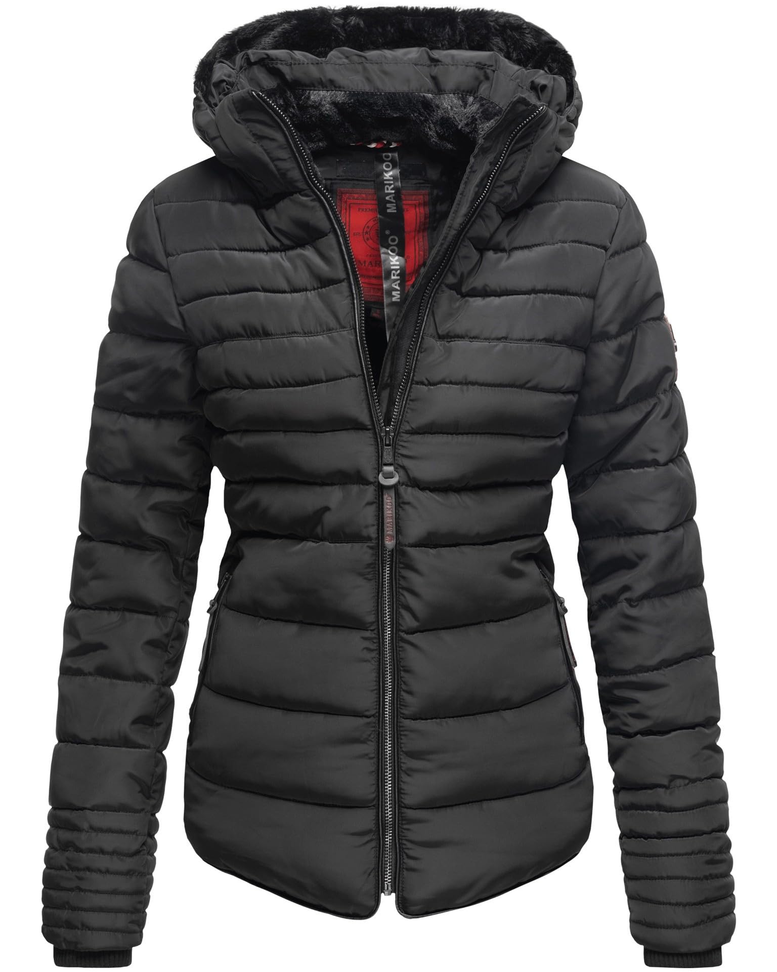 MARIKOO Damen Winter Jacke Steppjacke Stehkragen Teddyfell warm gefüttert B354 [B354-Amber-Schwarz-Gr.L]