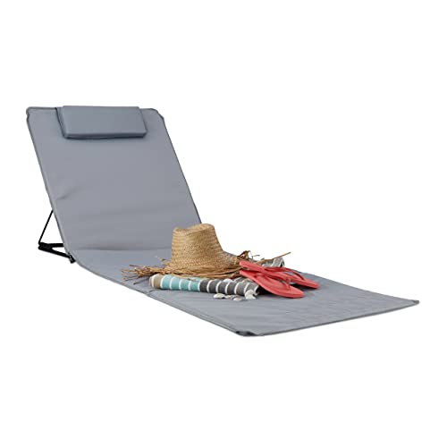 Relaxdays Strandmatte, gepolsterte Sonnenliege mit Kopfkissen, verstellbare inklusive Tragetasche Strandliege Deluxe XXL, Grau, 72x49,5x35 cm
