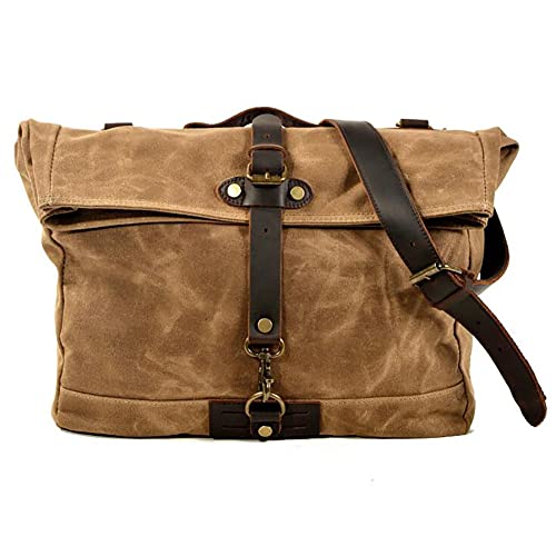 LederleiterEU Messenger Bag Herren Leder Canvas Umhängetasche Aktentasche Wasserdicht Schultertasche Laptoptasche für 15,6 Zoll Laptop Groß,Khaki