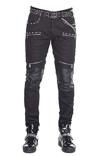 Cipo Baxx Herren Regular Fit Jeans Hose Slim Fit Rockig Denim Lederapplikationen Jeans Hose Schwarz W33 L34