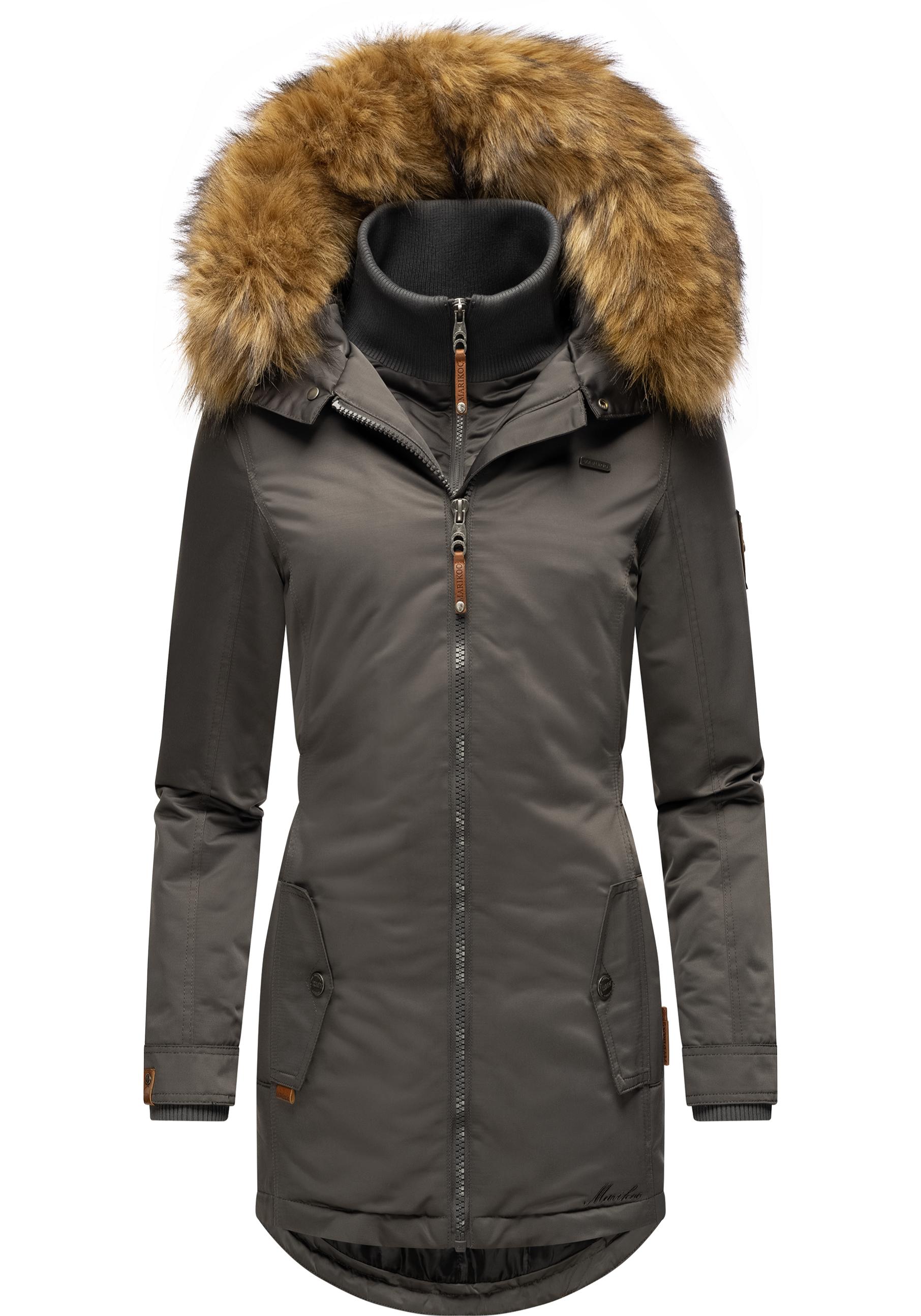 MARIKOO Designer Damen Winter Jacke Parka Mantel Teddyfell warm gefüttert B825 [B825-Sanak-Anthrazit-Gr.L]