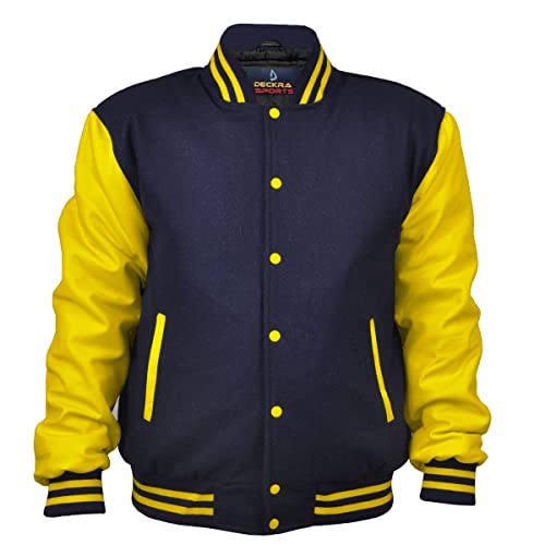 Herren Varsity Jacke Echtes Leder Ärmel und Wollmischung Letterman Jungen College Varsity Jacken XS-5XL, Marineblau/Gelb, M