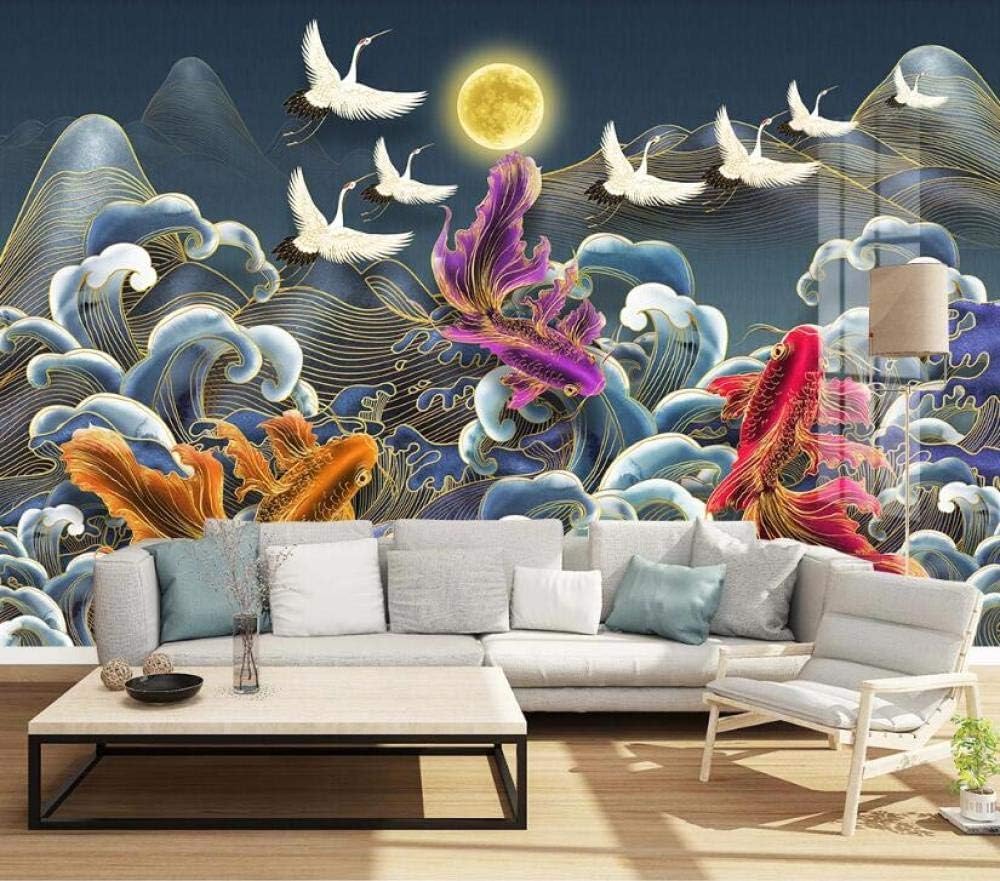 Abstrakt Wellen Fisch Kranich Mond 3D Tapete Poster Restaurant Schlafzimmer Wohnzimmer Sofa TV Dekorative Wand-250cm×170cm