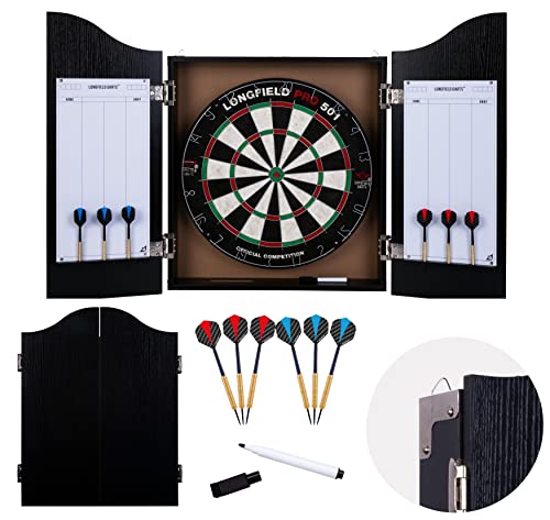 Engelhart Dart Schrankset Beinhaltet Profi-Bristle Dartscheibe, 6 Messingpfeile, 18 g, Kreide und einen Schwamm. (Schwarz)