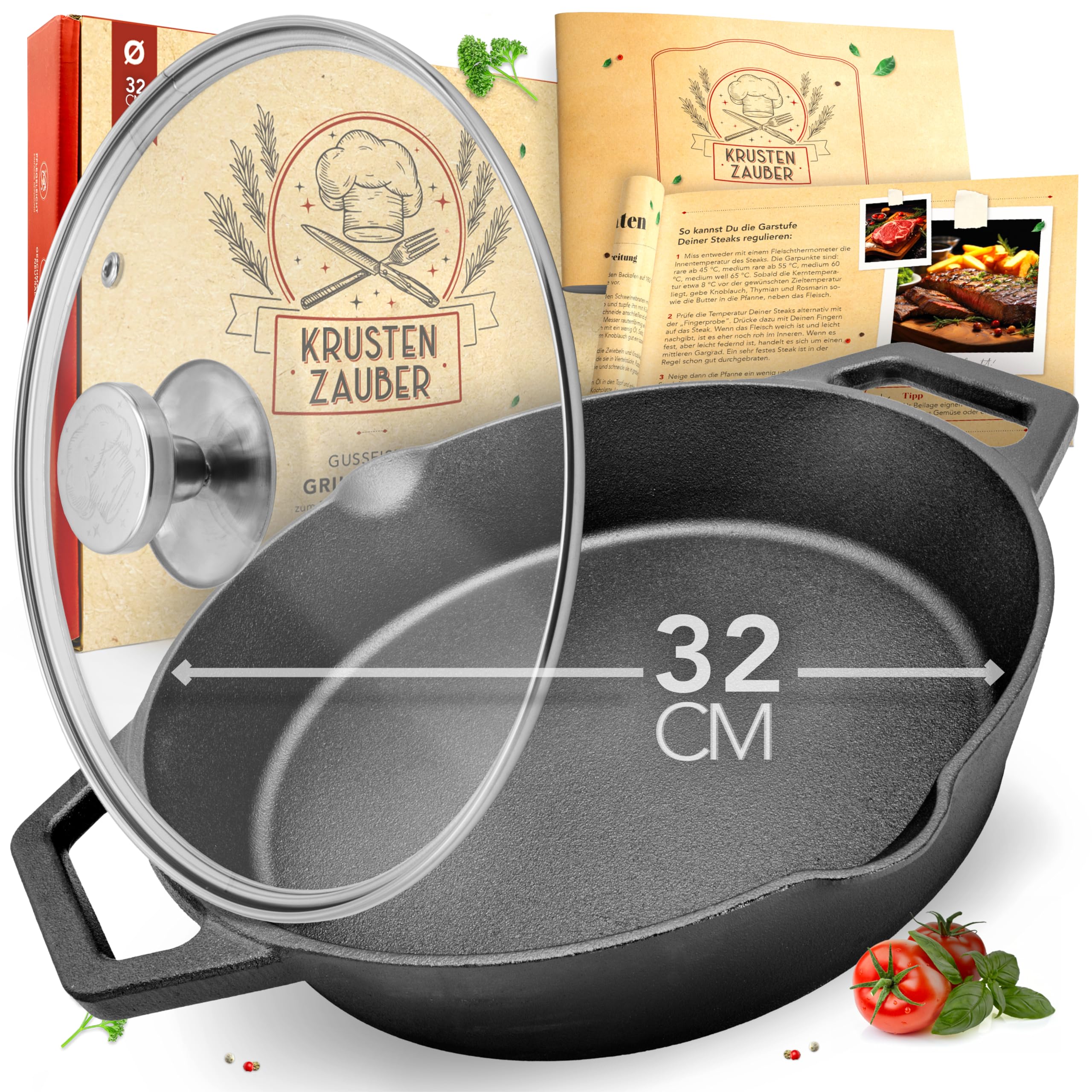 KRUSTENZAUBER 32cm Gusseisenpfanne Induktion - Voreingebrannte Gusseisen Pfanne - Ideale Grillpfanne Induktion, Eisenpfanne, Cast Iron Pan, Bratpfanne, Gusseiserne Pfanne Skillet Gusspfanne