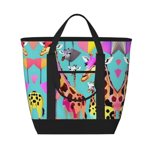 YQxwJL Bunte Giraffen-Fans mit großem Fassungsvermögen, isolierte Kühltasche, Einkaufstasche, Reisetasche, Strand, wiederverwendbare Einkaufstasche für Erwachsene, Schwarz, Einheitsgröße