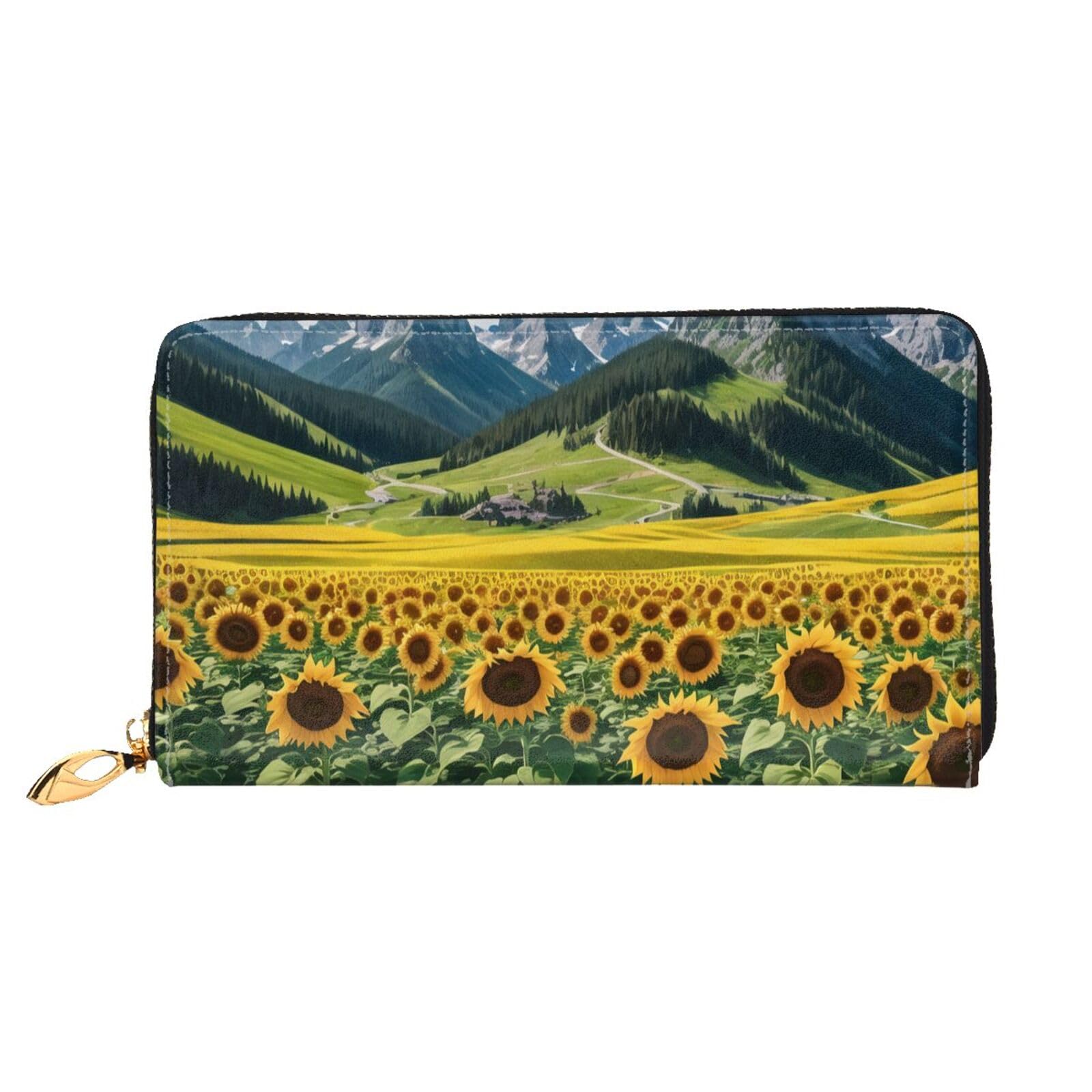 Miniks Damen-Geldbörse mit Tigermuster, Leder, lang, Reisegeldbörse, Kreditkartenetui mit Reißverschluss, Sonnenblume über den Bergen und Feldern, Einheitsgröße