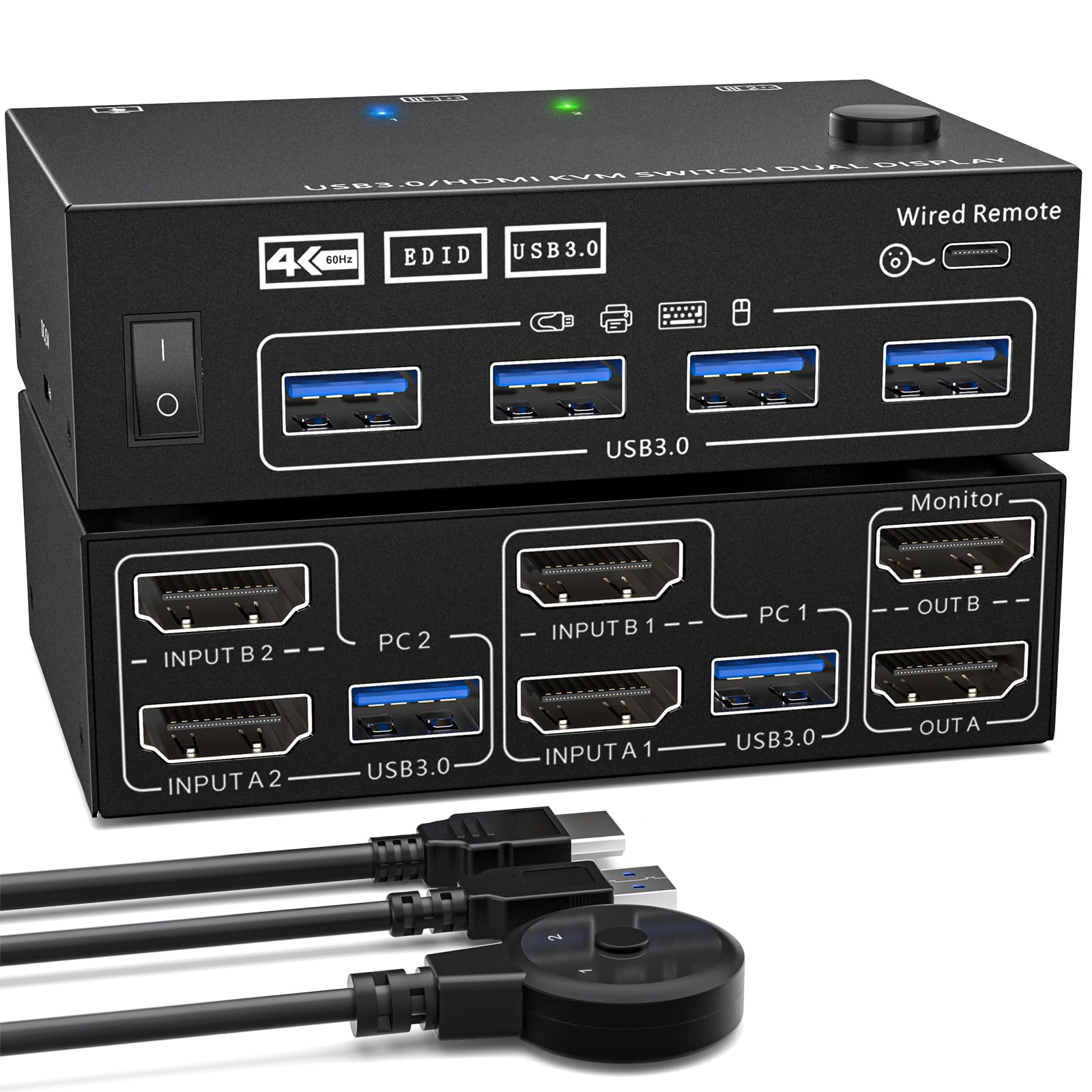 Mllepjdh Klarer USB3.0-Port KVM Umschalter 202AS Klare Auflösung Und Lebendige Farben Für Den Heim Und Bürogebrauch 2-Kanal KVM Umschalter