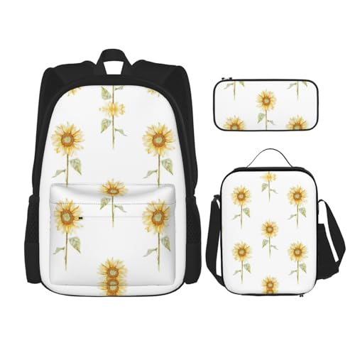 WURTON Schulterrucksack, 3-in-1, Büchertaschen-Set, Lunchbox, Federmäppchen, Reise-Laptop-Tagesrucksack, Motiv: blühende Sonnenblumen, Schwarz, Einheitsgröße