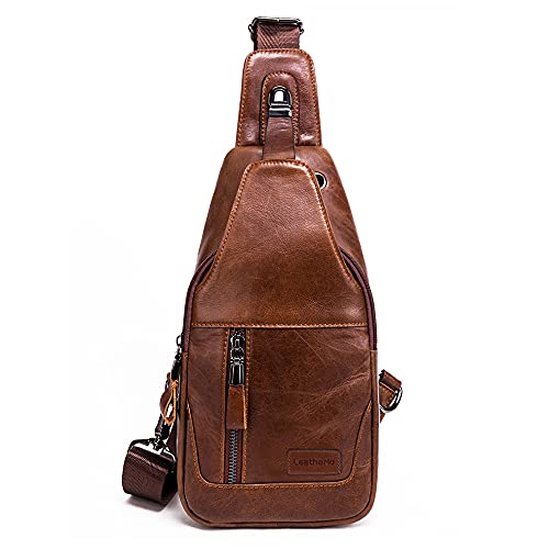 BULLCAPTAIN Leathario Herren Echtleder Multifunktionaler Sling Bag Sling-Rucksack Crossbody Schulterrucksack Umhängetasche Perfekt für Freizeit, Outdoorsport, Reisen, Schule (Braun5)