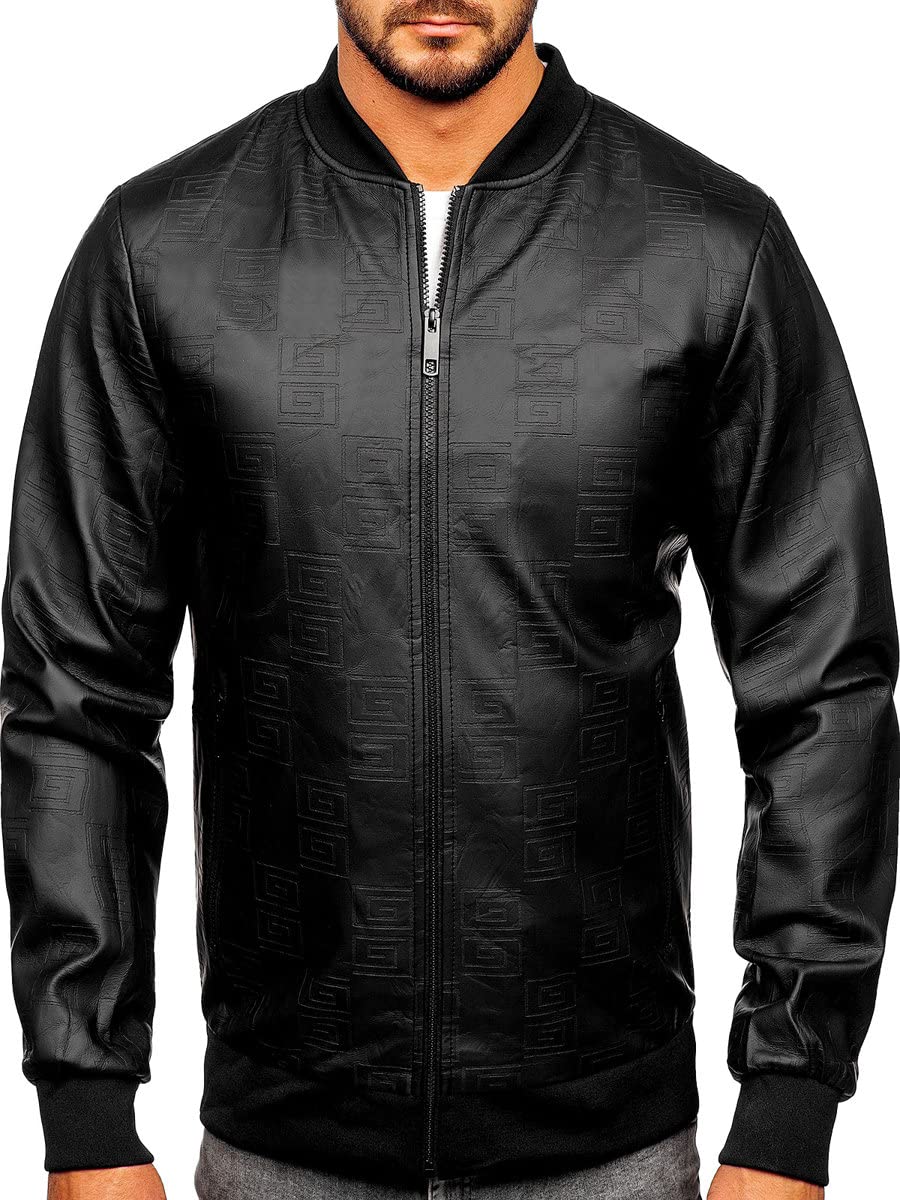 BOLF Herren Lederjacke Kunstlederjacke Bikerjacke Übergangsjacke Steppjacke Kapuze Motorradjacke Pilotenjacke Fliegerjacke Bomberjacke Stehkragen Casual Style 3A65 Schwarz L [4D4]