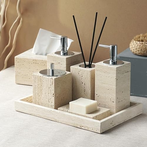 AMEEDA Badezimmer Set Beige Travertin Badezimmer Zubehör Set Natur Marmor Seife Spender Seifenschale Reed Diffusor Vanity Tray Kit Badezimmer Badezimmer Set Akazie(Soap Dispenser B)