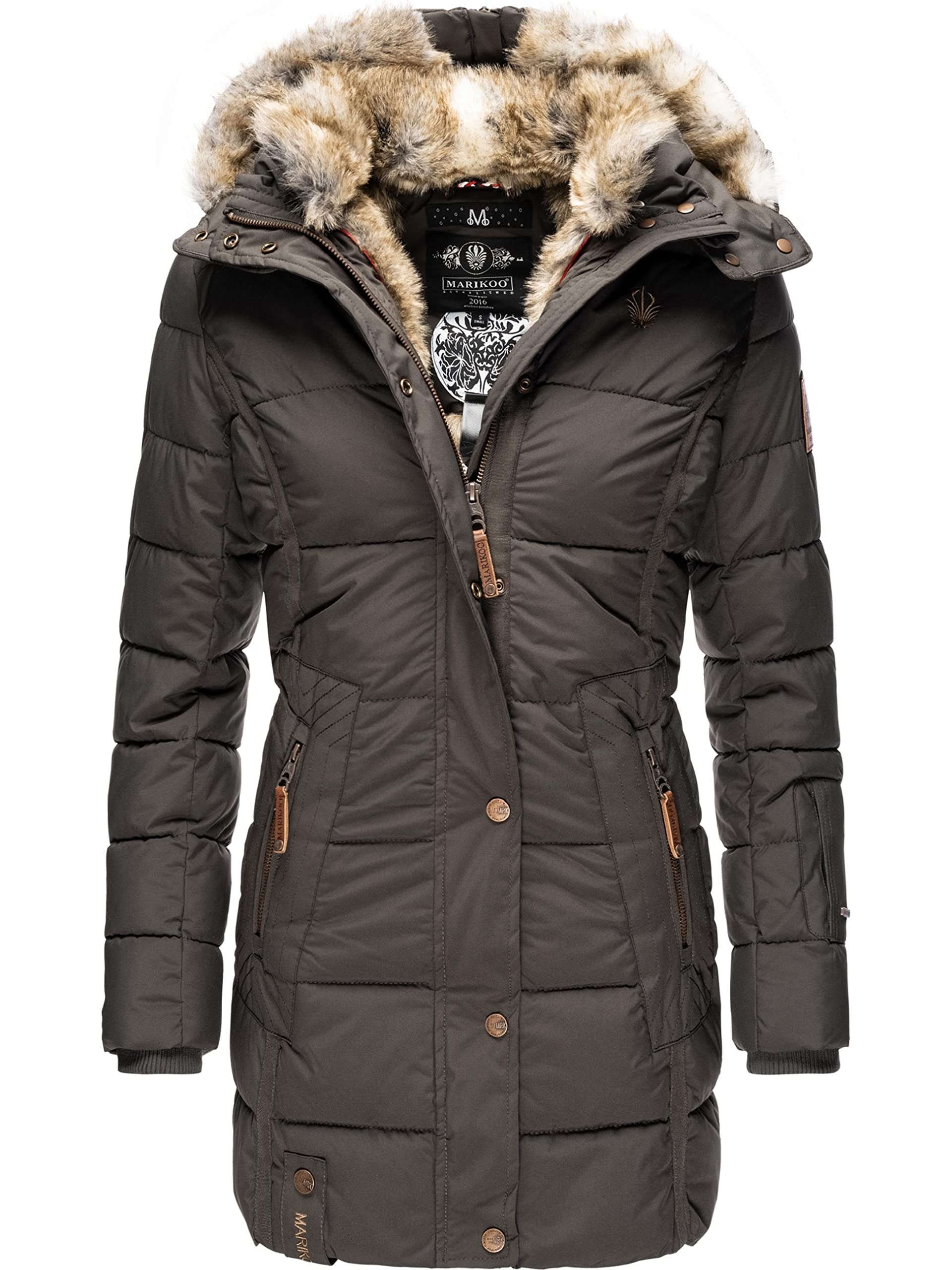 MARIKOO Damen Warmer Winter Steppmantel mit Kapuze Lieblings Jacke Anthracite Gr. M