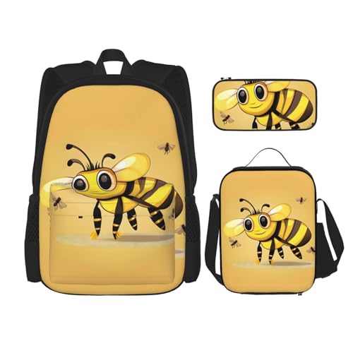 YQxwJL 3-in-1-Rucksack-Büchertaschen-Set, grüner Alien-Druck, lässiger Reiserucksack, mit Federmäppchen, Lunchtasche, Niedliche Cartoon-Biene, Einheitsgröße