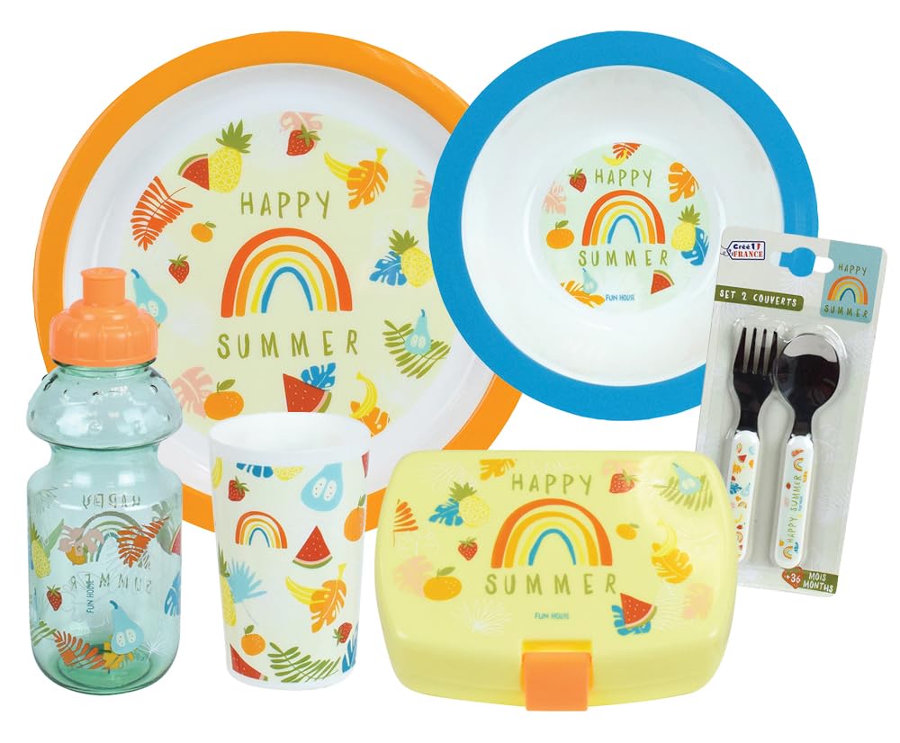 Fruity's Geschirrset für Kinder, mit 1 Glas 220 ml, 1 Suppenteller Ø 16 cm, 1 flacher Teller Ø 22 cm, 1 Trinkbecher 350 ml, 1 Snackbox und 2 Deckeln, wiederverwendbar