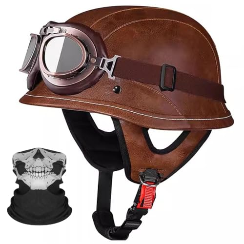 Deutsche Motorrad Halbhelme Leder Halbschalenhelm mit ECE Zertifiziert -Helm Mit Maske und Brille Herausnehmbares Innenfutter M~XXL 57~64CM