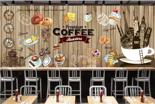 Vintage Holzmaserung Kaffee Dessertkuchen 3D Tapete Poster Restaurant Schlafzimmer Wohnzimmer Sofa TV Dekorative Wand-300cm×210cm