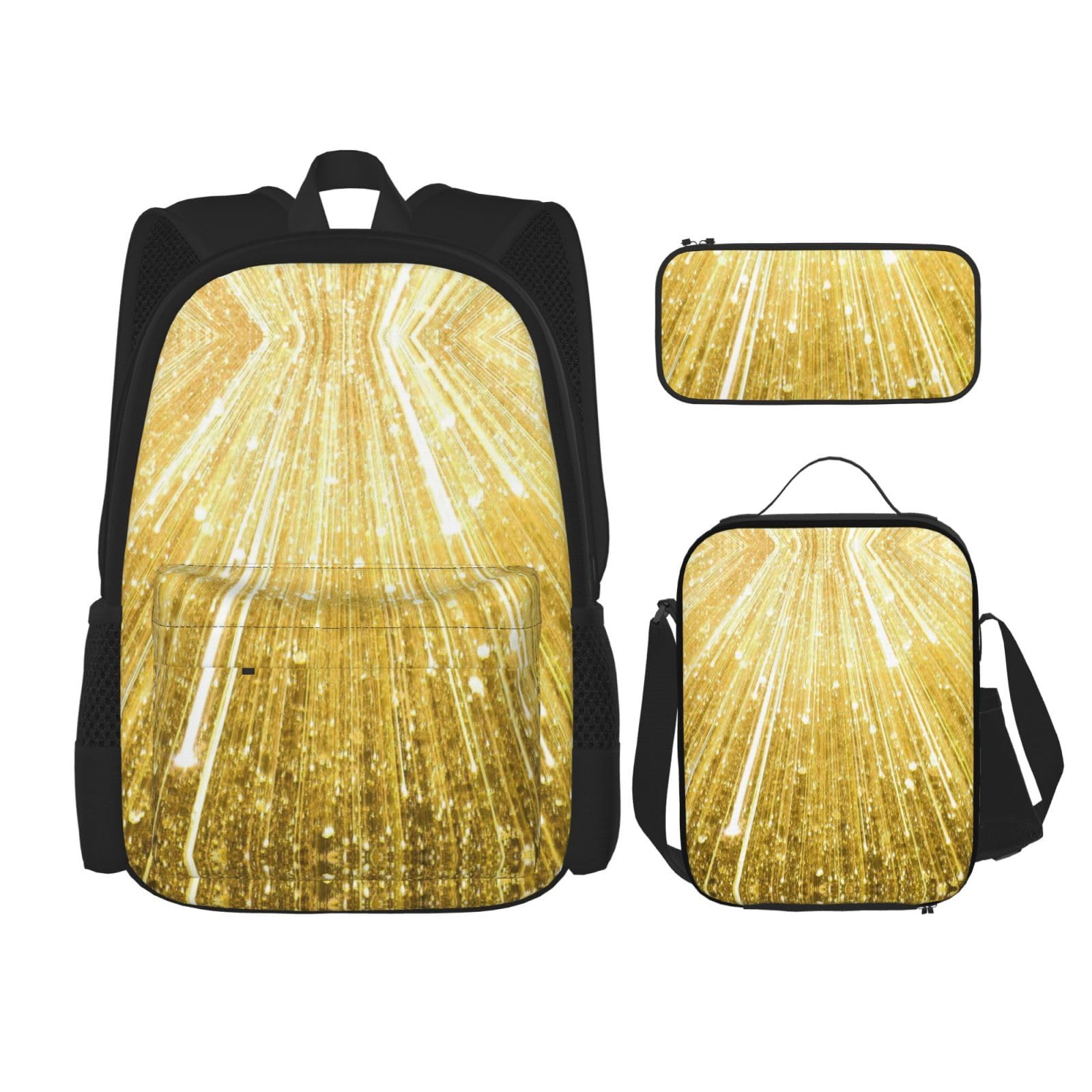 WURTON 3-in-1-Set mit goldfarbenem Glitzer-Aufdruck, lässiger verstellbarer Schulter-Rucksack, Lunch-Tasche, Federmäppchen, Beutel, Schwarz, Einheitsgröße